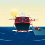 Minimalist image of a cargo ship approaching a busy port with cranes unloading containers under a clear sky and glowing sun symbolizing global trade.